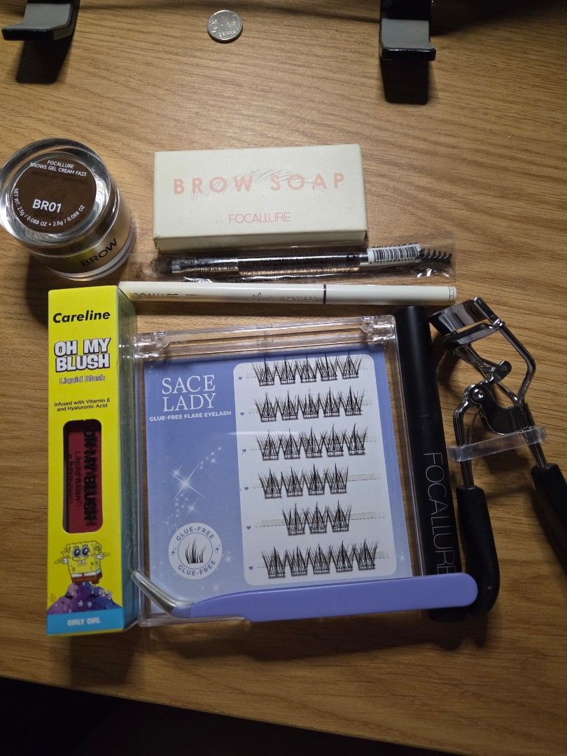 Eye makeup and blush set (Category: Makeup) located in Talisay. Submitted by wfh_declutters (Listing ID 1407615152, Image 1). Description: good as new, seldom used 1k pesos set sace lady eyelash with forceps focallure eyeshadow pencil metallic #10 focallure brow soap with brush focallure brow gel BR01 focallure gel eyeliner f02 eyelash curler careline liquid blush girly girl.