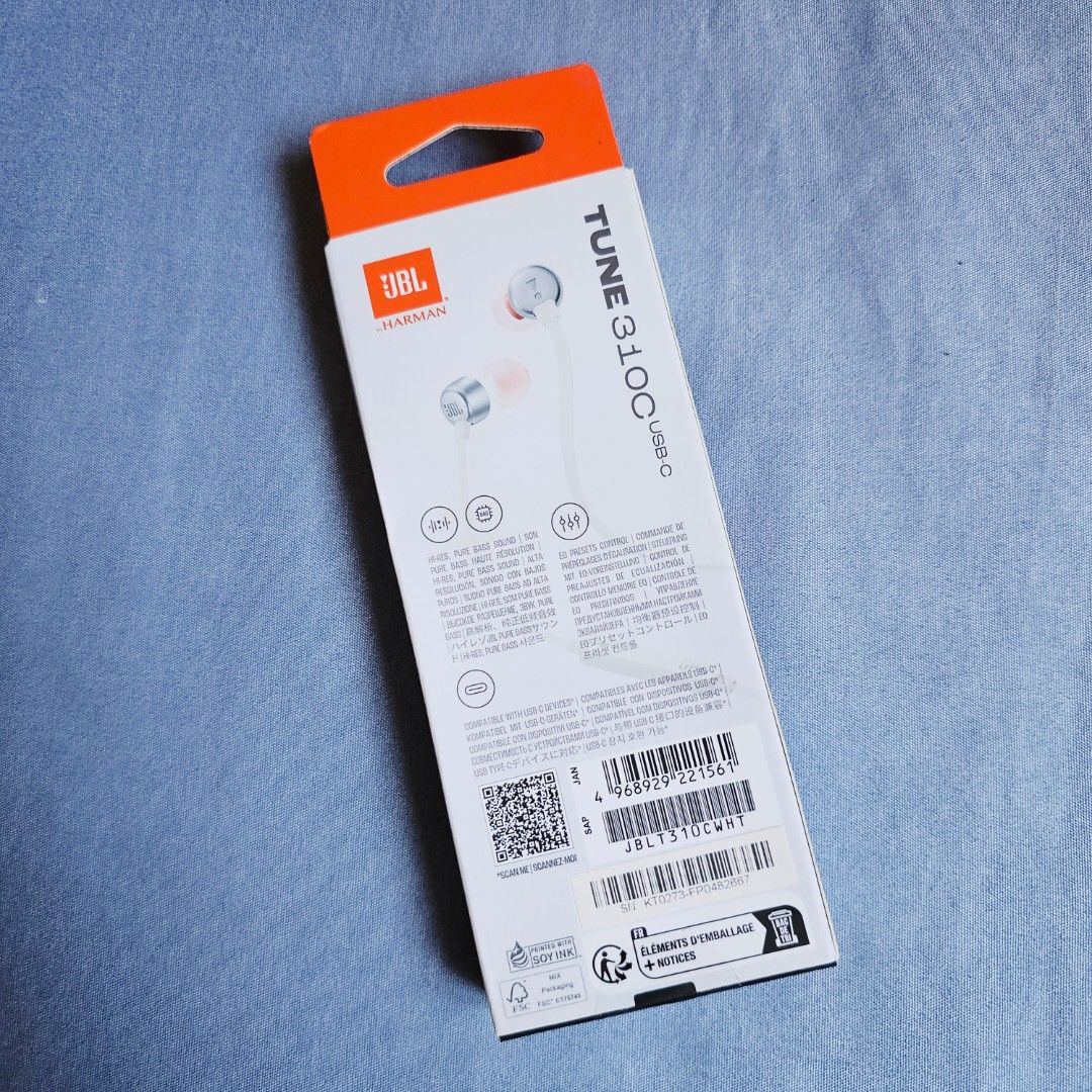 JBL Tune 310C USB-C Wired Earphones (Category: Earphones) located in Bacoor. Submitted by 3fties.ph (Listing ID 1407593535, Image 2). Description: Authentic - Bought from Trendo Brand New/Unopened box High Res Bass Sound and Audio RFS: Decluttering.