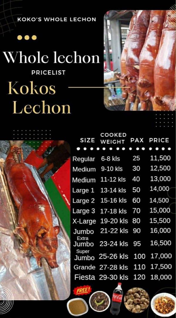 Kokos Lechon Whole Lechon Pricelist (Category: Local Eats) located in Mandaluyong City. Submitted by killjoy13 (Listing ID 1407620351, Image 1). Description: - Delicious whole lechon from Kokos Lechon! - Sizes: - Regular (6-8 kls) - Fiesta (29-30 kls) - Prices vary, starting from ₱11,500. - Perfect for celebrations! - Includes freebies! - Contact us for orders and inquiries..