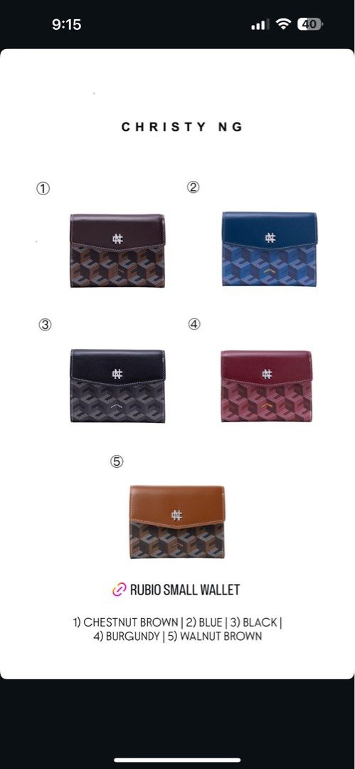[PREORDER] Christy Ng Rubio Wallet (Category: Wallets & Card holders) located in Mandaluyong City. Submitted by syzj30 (Listing ID 1407575463, Image 1). Description: RESTOCK ✨ CHRISTY NG RUBIO SMALL WALLET Colors open for pre-order: • Chestnut Brown • Black • Blue • Burgundy • Walnut (New Color 🧡) 👉🏻 With Dust bag and Paper bag included Perfect for gifting this Christmas! 💛 Buy 3 or more and save more 😉 📌ETA: Dec. 19 📌50% non-refundable DP