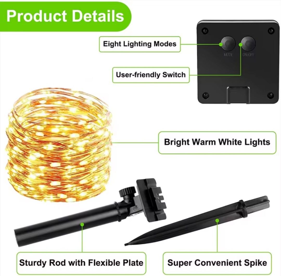 Solar Warm White String Lights 22M 200LED (Category: Lighting) located in Quezon City. Submitted by ana-chan (Listing ID 1407576967, Image 2). Description: This solar string lights offer eight lighting modes and bright warm lights. Fature a user-friendly switch and a sturdy rod with a flexible plate. The super convenient spike allows for easy installation. The panel can be rotated 90 degrees. Each package contains a string of lights, a solar pane