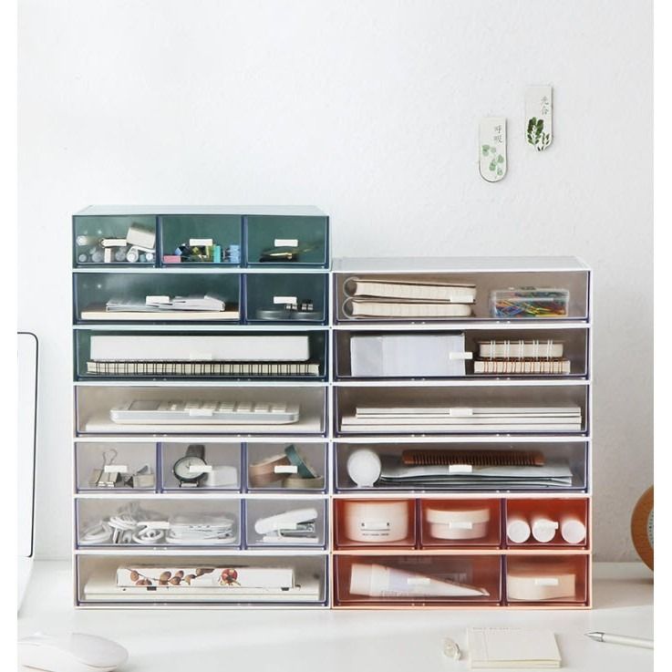 Stackable Desk Drawer Organizer Cosmetic Stationary File Storage Box (Category: Storage Boxes & Baskets) located in Manila. Submitted by classy.home (Listing ID 1407724841, Image 3). Description: Available Color: White, Coral Available Design: - Regular - 1 divider - Regular - 2 divider - Regular - 3 divider - Thick - 1 divider - Thick - 3 divider Materials: ABS Plastic Size: Regular: L:22.7cm H:4.3cm W:16.5cm Thick: L:22.8cm H:10cm W:16.5cm .