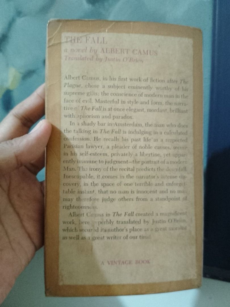 The Fall by Albert Camus (Category: Storybooks) located in Quezon City. Submitted by akosiluna44 (Listing ID 1407720310, Image 3). Description: Preowned Fair condition With underlines in several pages No torn pages Complete pages Vintage Book, 1956 ------- The Fall is a philosophical novel by Albert Camus. First published in 1956, it is his last complete work of fiction. Set in Amsterdam, The Fall consists of a series of dramatic monologues by th