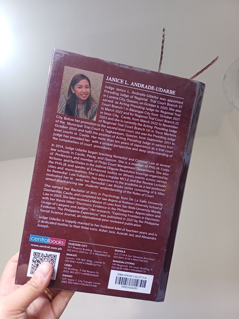The Revised Rules on Evidence Annotated (Category: Textbooks) located in Paranaque City. Submitted by potatoiceblended (Listing ID 1407633804, Image 2). Description: Book is the Revised Rules on Evidence Annotated by Janice L. Andrade-Udarbe. It is a Centralbooks publication, 2020 edition. The back cover features a brief biography of the author..