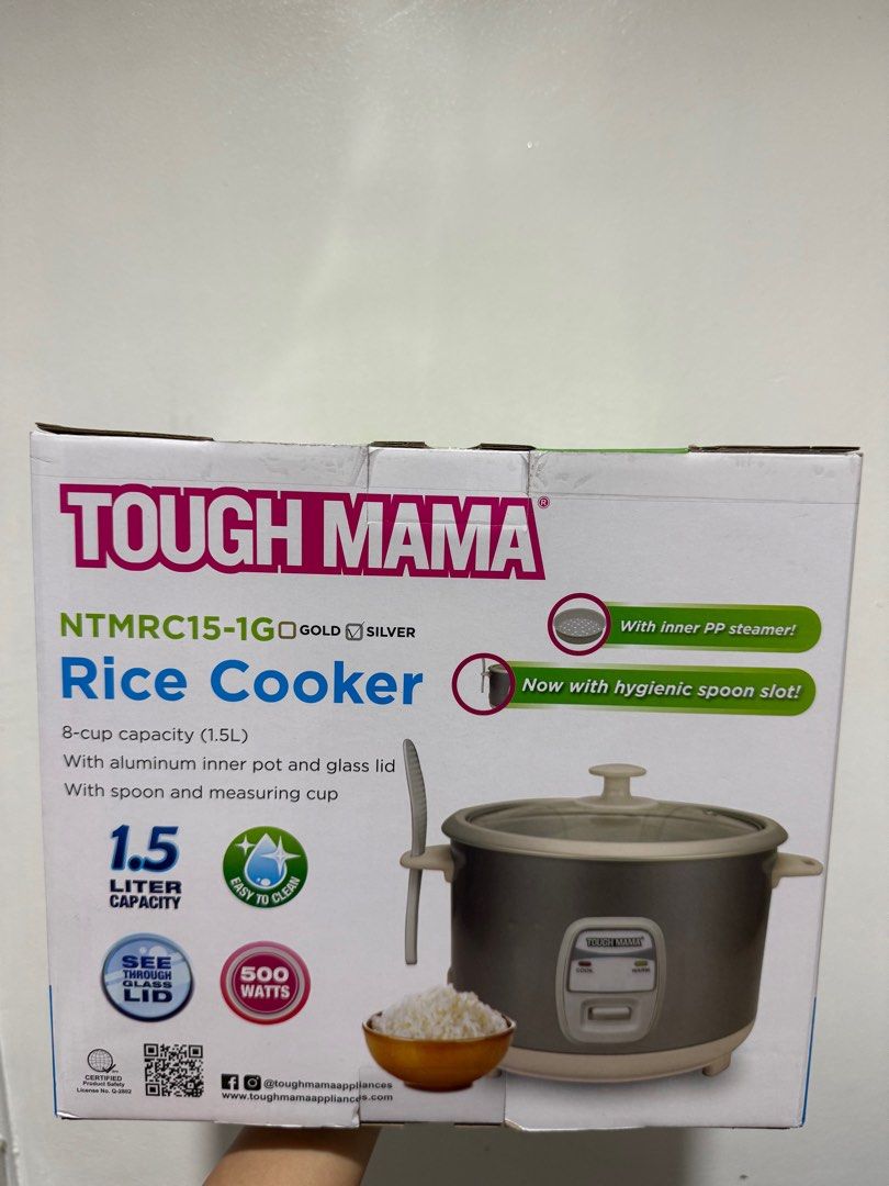 Tough Mama 1.5L Rice Cooker (Category: Cookers) located in Paranaque City. Submitted by kaychichi (Listing ID 1407691526, Image 1). Description: Brand new, never touched c: Has spoon, measuring cup, and steamer Silver rfs: i don’t need it anymore :( perfect for students or those staying in dorms 🏋️.