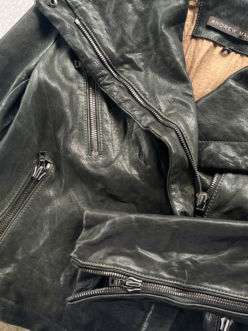 ANDREW MARC biker leather jacket (dark green) (Category: Coats, Jackets and Outerwear) located in Batangas. Submitted by jopesh.com (Listing ID 1412579327, Image 3). Description: Length: 23 inches Width: 19 inches Minor issue: see last photo.