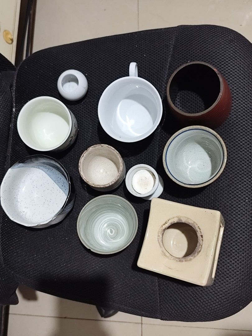 Assorted Ceramic Cups and Bowls TAKE ALL 10pcs (Category: Dinnerware & Cutlery) located in Las Pinas. Submitted by jphshoppe (Listing ID 1412667032, Image 2). Description: Assorted Ceramic Cups and Bowls TAKE ALL 10pcs - Assorted ceramic cups and bowls. - Includes teacup with handle, egg cup, and square burner. - Variety of sizes, shapes, and designs. - Features floral and abstract patterns. - Ideal for tea, coffee, and small food servings..