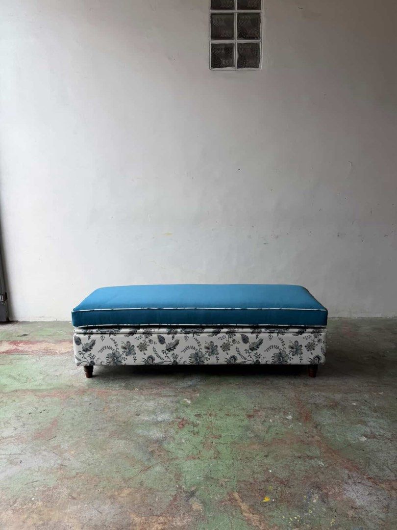 Blue and Floral Pattern Ottoman with Storage | Bedroom Bench (Category: Chairs) located in Manila. Submitted by waldorf024 (Listing ID 1412644350, Image 3). Description: Custom made from Barn and Alley for ₱35,000 selling it for ₱16,500 - Blue and Floral Pattern Ottoman - Features a stylish blue top and floral base. - Offers hidden storage space. - Modern and eclectic style. - Perfect for bedrooms or living areas..