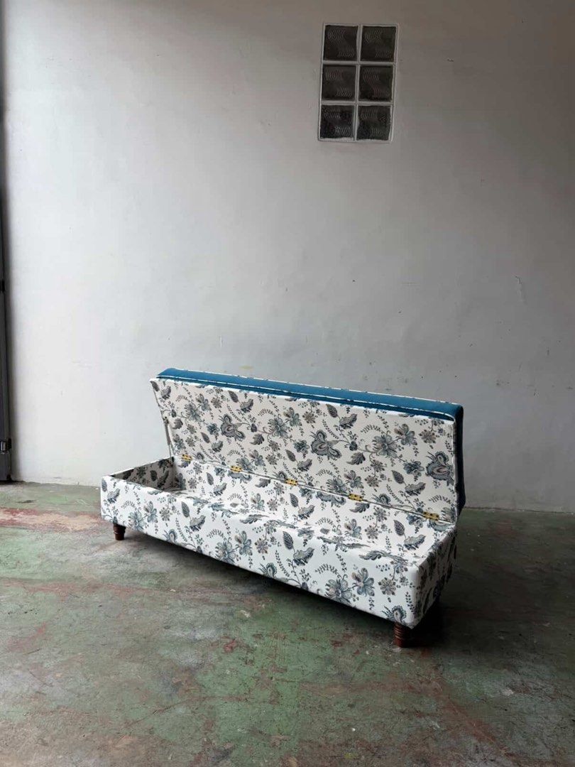 Blue and Floral Pattern Ottoman with Storage | Bedroom Bench (Category: Chairs) located in Manila. Submitted by waldorf024 (Listing ID 1412644350, Image 2). Description: Custom made from Barn and Alley for ₱35,000 selling it for ₱16,500 - Blue and Floral Pattern Ottoman - Features a stylish blue top and floral base. - Offers hidden storage space. - Modern and eclectic style. - Perfect for bedrooms or living areas..