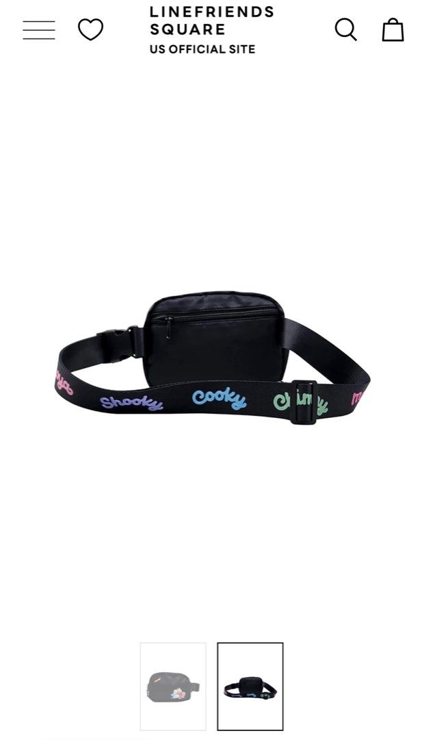 BTS BT21 Line Friends Bag from NY (Category: Cross-body Bags) located in Manila. Submitted by _heya (Listing ID 1412685773, Image 2). Description: Very cute BT21 bag from Line Store NYC 💜 - Black waist bag with BT21 characters on the front. - Zippered main compartment and an adjustable strap with the BT21 characters' names. - With a buckle closure for secure wear..