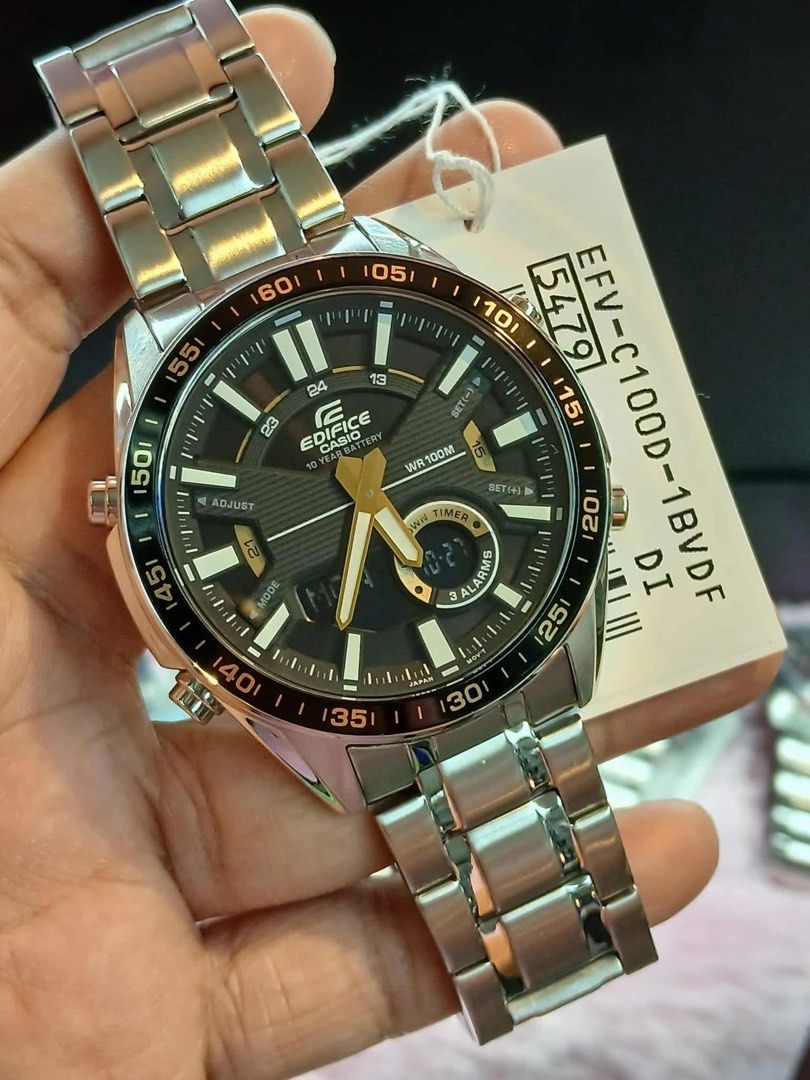 Casio Edifice EFV-C100D-1B (Category: Luxury Watches) located in Manila. Submitted by seikowatchfactory (Listing ID 1412584886, Image 1). Description: BNIB 10/10 Model: EFV-C100D-1B Price: 6195 pesos Specifications: Case Size: 51.6 x 46.6 x 14.2mm Case and Bezel material: Stainless steel/Aluminum 100m Water Resistance Weight: 161g Stainless Steel Band One touch 3 fold clasp Approx. battery life: 10 years on CR2025 Mineral glass World Time 1/100 s
