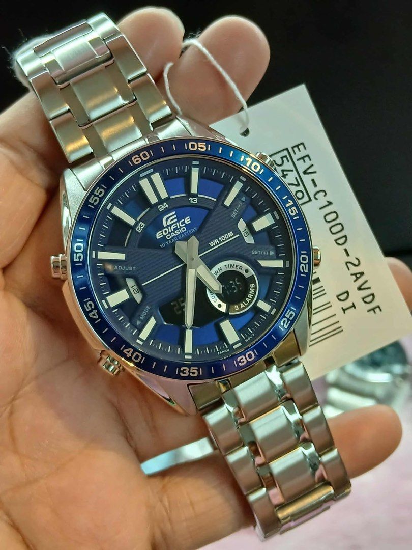 Casio Edifice EFV-C100D-2A (Category: Luxury Watches) located in Manila. Submitted by seikowatchfactory (Listing ID 1412586400, Image 1). Description: BNIB 10/10 Model: EFV-C100D-2A Price: 6195 pesos Specifications: Case Size: 51.6 x 46.6 x 14.2mm Case and Bezel material: Stainless steel/Aluminum 100m Water Resistance Weight: 161g Stainless Steel Band One touch 3 fold clasp Approx. battery life: 10 years on CR2025 Mineral glass World Time 1/100 s