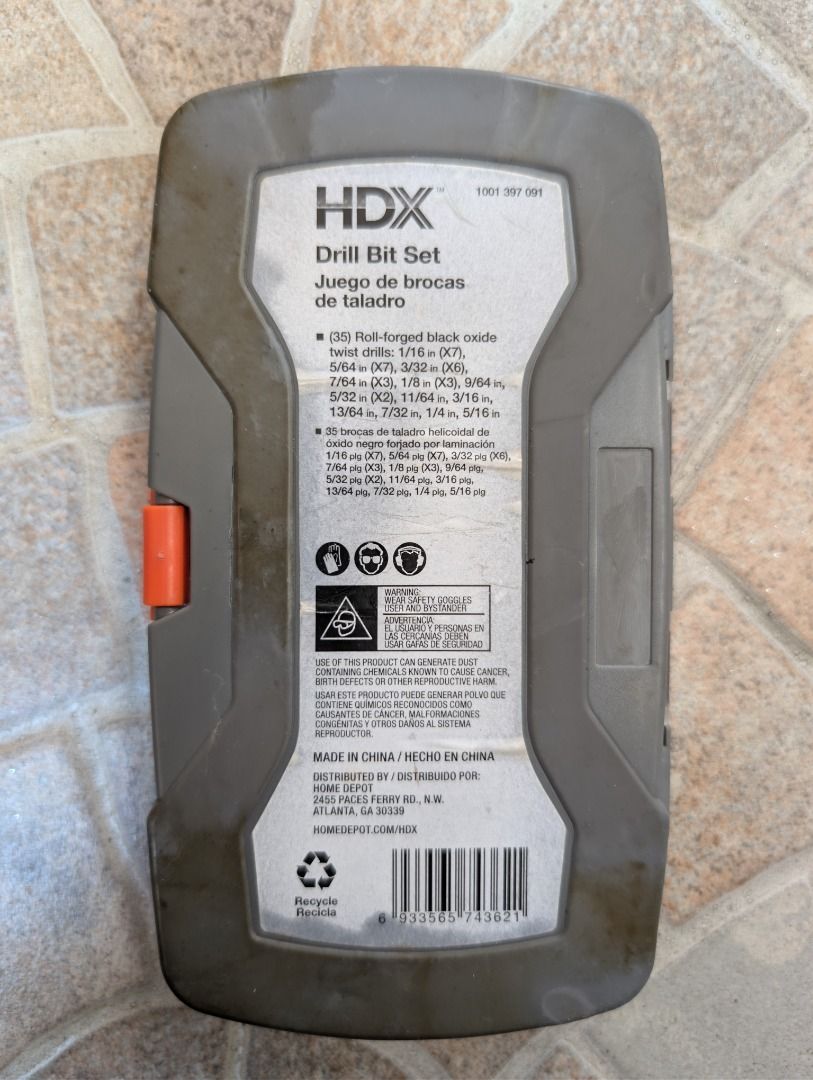 HDX Drill Bit Set - 35 Pieces [IMPORTED] (Category: Construction Tools & Equipment) located in Quezon City. Submitted by geloboy10 (Listing ID 1412660994, Image 3). Description: ✅ Imported - US ✅ Brand New ⚠️ Opened Box for Picture Taking and Viewing - HDX 35-piece drill bit set - Includes roll-forged black oxide twist drill bits - Various sizes available - Comes in a gray and orange plastic case - Secure latch for bit storage - Made in China.