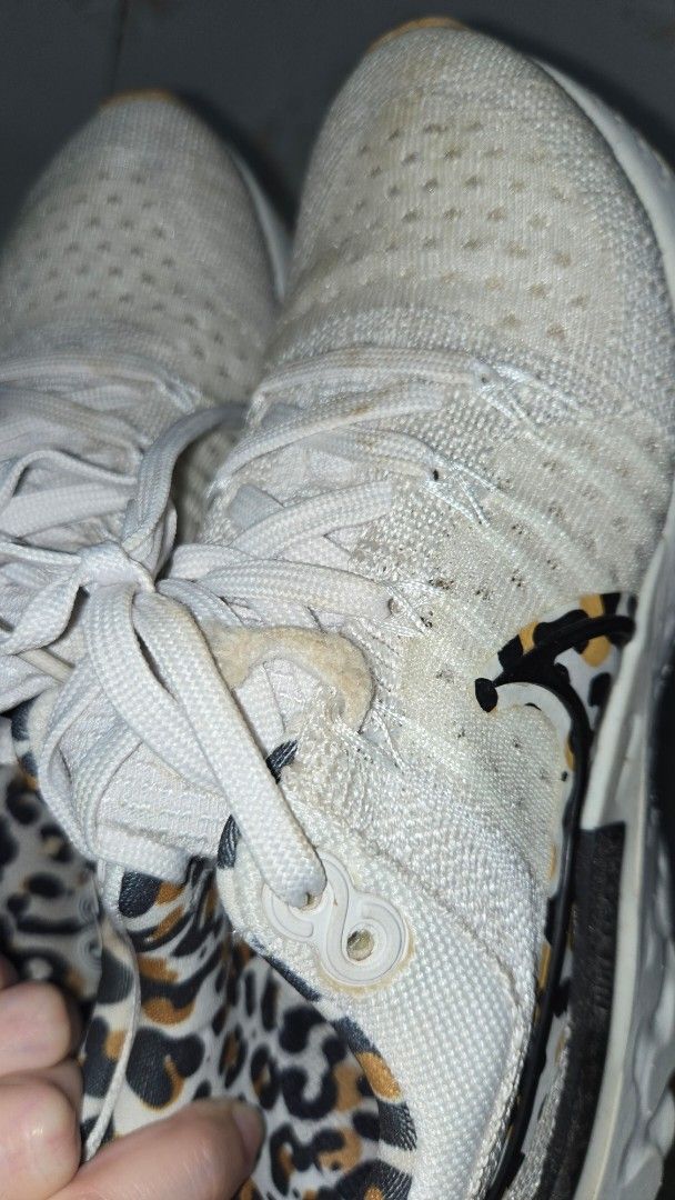 Nike React Infinity Run FK 2 Women's Shoes (Category: Sneakers) located in Rizal. Submitted by kaj18 (Listing ID 1412623057, Image 3). Description: Condition:5/10 Issue:lace is worn out -you may replace it - Size: US 5.5, UK 3, EUR 36, 22.5 cm - White upper with leopard print interior - White and brown soles - Pre-owned, showing signs of wear.