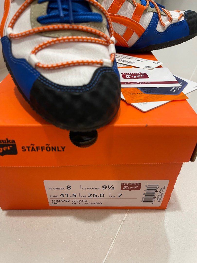 Onitsuka Tiger Serrano White/Habanero Sneakers - US 8 (Category: Sneakers) located in Singapore. Submitted by waysg (Listing ID 1412677304, Image 3). Description: - Onitsuka Tiger Serrano sneakers - Eye-catching white, orange, and blue color scheme - US size 8, Euro 41.5, UK 7 - Includes original box and tags - Adds a vibrant pop of color to any outfit.
