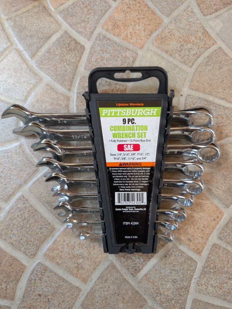Pittsburgh 9 Piece Combination Wrench Set [IMPORTED] (Category: Construction Tools & Equipment) located in Quezon City. Submitted by geloboy10 (Listing ID 1412633444, Image 1). Description: ✅ Imported - US ✅ Brand New ⚠️ Opened Box for Picture Taking and Viewing Pittsburgh 9 PC Combination Wrench Set. It includes SAE sizes: 5/16", 3/8", 7/16", 1/2", 9/16", 5/8", 11/16", 3/4". The set comes with a lifetime warranty. It has a fully polished, 12-poi