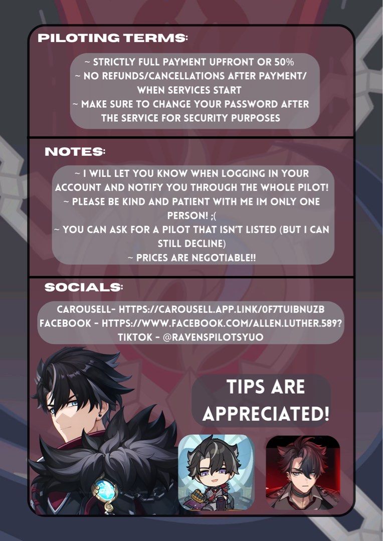 Genshin Impact Raven’s Piloting Services! (Category: Others) located in Cebu City. Submitted by ravenstoresgenshinimpact (Listing ID 1412577937, Image 3). Description: ⭐️Raven's Piloting Services for Genshin Impact! Greetings!! Avaible for slots now! Services Offered: ⭐️Weekly/Monthly Maintenance ⭐️Resource Farming ⭐️Events & Quests ⭐️Oculus Hunts ⭐️Character Building Bundles ⭐️Prices Vary ⭐️Negotiable! Mode Of Payment: GCash Contact: Carousell F