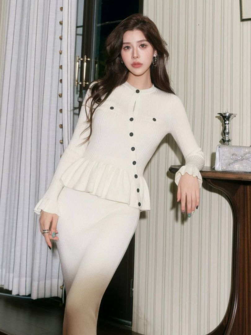 Self Portrait Cream Asymmetrical Peplum Knit Midi Dress, Women's Fashion,  Dresses & Sets, Dresses on Carousell