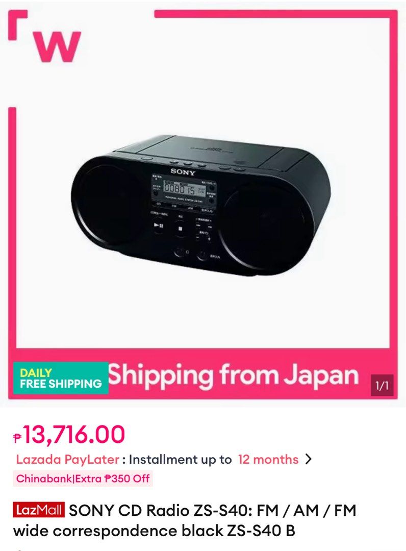 Sony CD Radio ZS-S40 (Category: Other Audio Equipment) located in Quezon City. Submitted by denise7770 (Listing ID 1412648189, Image 1). Description: Authentic Sony CD player, Radio AM/FM, with USB Port. Like New. No issues. RFS: Not really using it. .