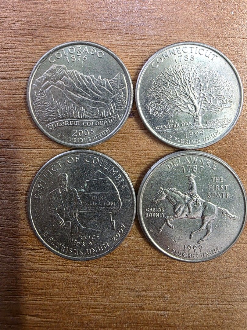 美國50州25美分紀念幣Colorado 2006, Connecticut 1999, District of Columbia 2009,  Delaware 1999, 興趣及遊戲, 收藏品及紀念品, 錢幣- Carousell