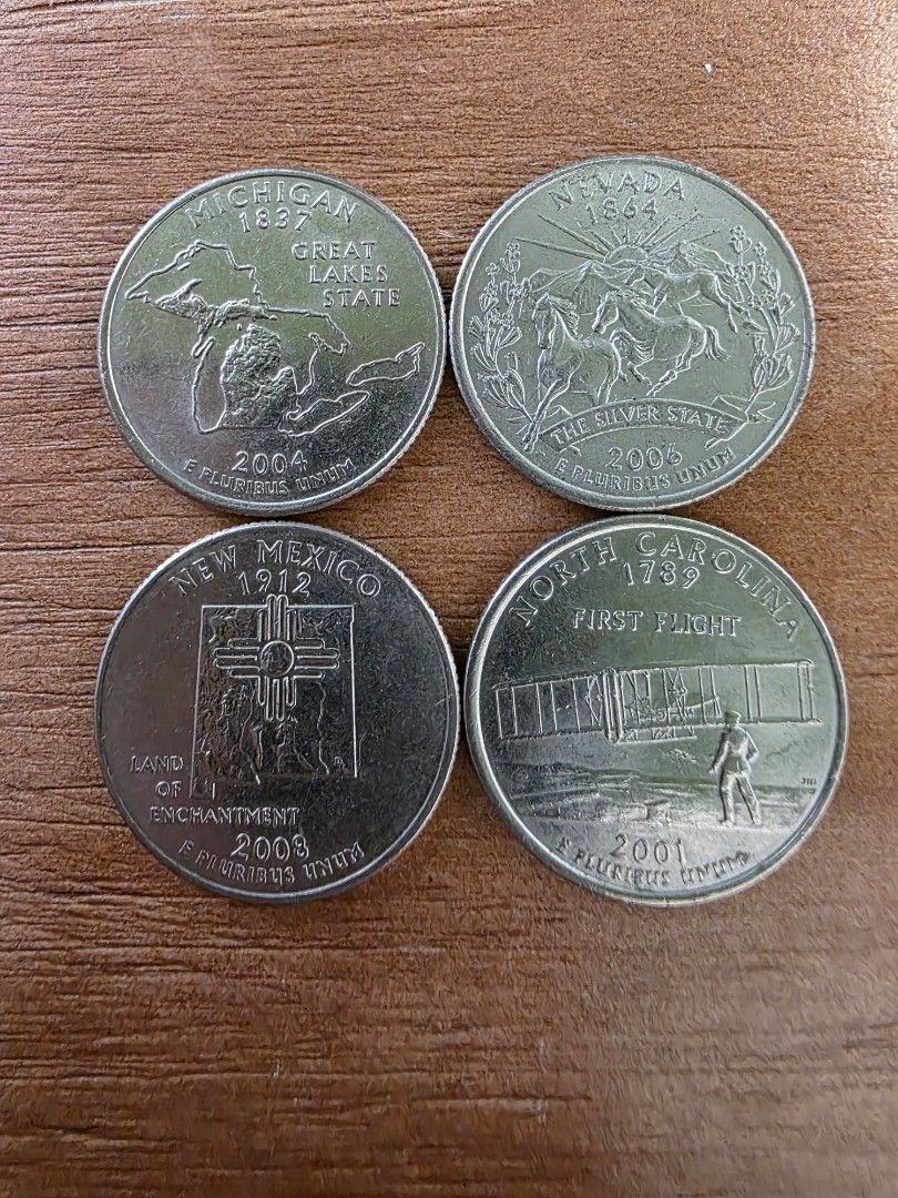 美國50州25美分紀念幣Michigan 2004, Nevada 2006, New Mexico 2008, North California  2001, 興趣及遊戲, 收藏品及紀念品, 錢幣- Carousell