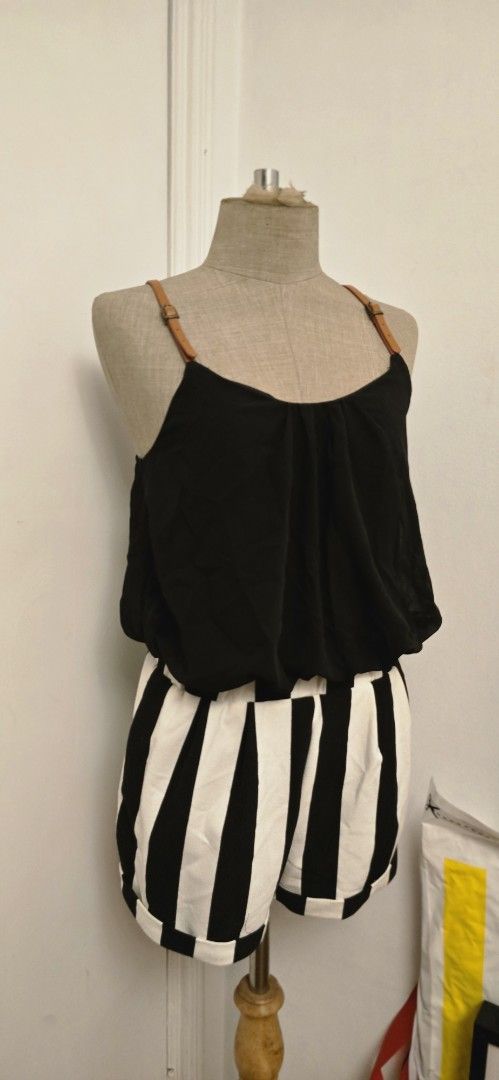 Black Top with Striped Shorts romper (Category: Sets or Coordinates) located in Manila. Submitted by foxydivas (Listing ID 1412824228, Image 2). Description: - Black top with brown straps - Striped shorts with black and white pattern - Made of soft material made in U.S. - Shown on a mannequin.