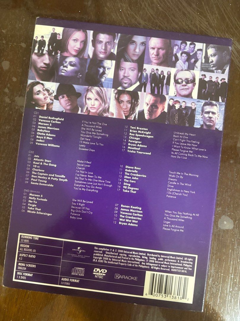 Diamonds Best Collection 2CD + DVD Karaoke (Category: CDs & DVDs) located in Pasig City. Submitted by knix01 (Listing ID 1412730960, Image 2). Description: Diamonds Best Collection featuring love songs. It includes 2 CDs and a DVD with karaoke versions. The artists featured include Maroon 5, Nelly Furtado, Take That, Nicole Scherzinger, Ronan Keating, James Morrison, The Cranberries, and Bryan Adams. It has a DVD karaoke.