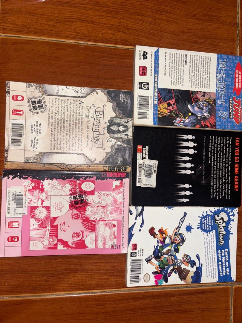 Manga Set (Death note, Attack on titan, Splatoon, Bizenghast, life) (Category: Comics & Manga) located in San Jose del Monte. Submitted by mikariiii (Listing ID 1412733549, Image 2). Description: -all authentic -major yellowing and minor dents due to old age -not for sensi -aot and life still has the price tag -sf is to be shouldered by buyer -mop: gcash -mod: jnt, lalamove.
