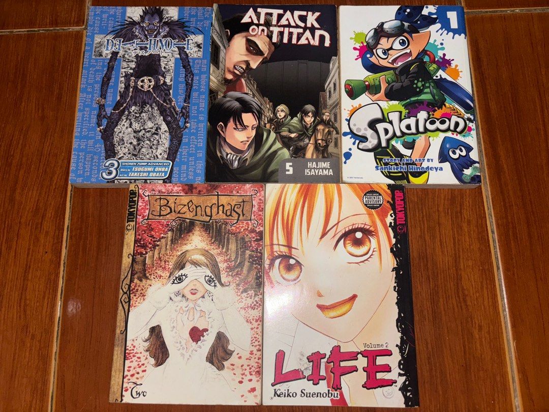 Manga Set (Death note, Attack on titan, Splatoon, Bizenghast, life) (Category: Comics & Manga) located in San Jose del Monte. Submitted by mikariiii (Listing ID 1412733549, Image 1). Description: -all authentic -major yellowing and minor dents due to old age -not for sensi -aot and life still has the price tag -sf is to be shouldered by buyer -mop: gcash -mod: jnt, lalamove.