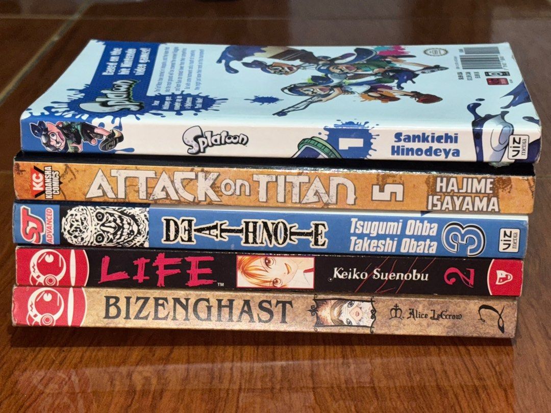 Manga Set (Death note, Attack on titan, Splatoon, Bizenghast, life) (Category: Comics & Manga) located in San Jose del Monte. Submitted by mikariiii (Listing ID 1412733549, Image 3). Description: -all authentic -major yellowing and minor dents due to old age -not for sensi -aot and life still has the price tag -sf is to be shouldered by buyer -mop: gcash -mod: jnt, lalamove.