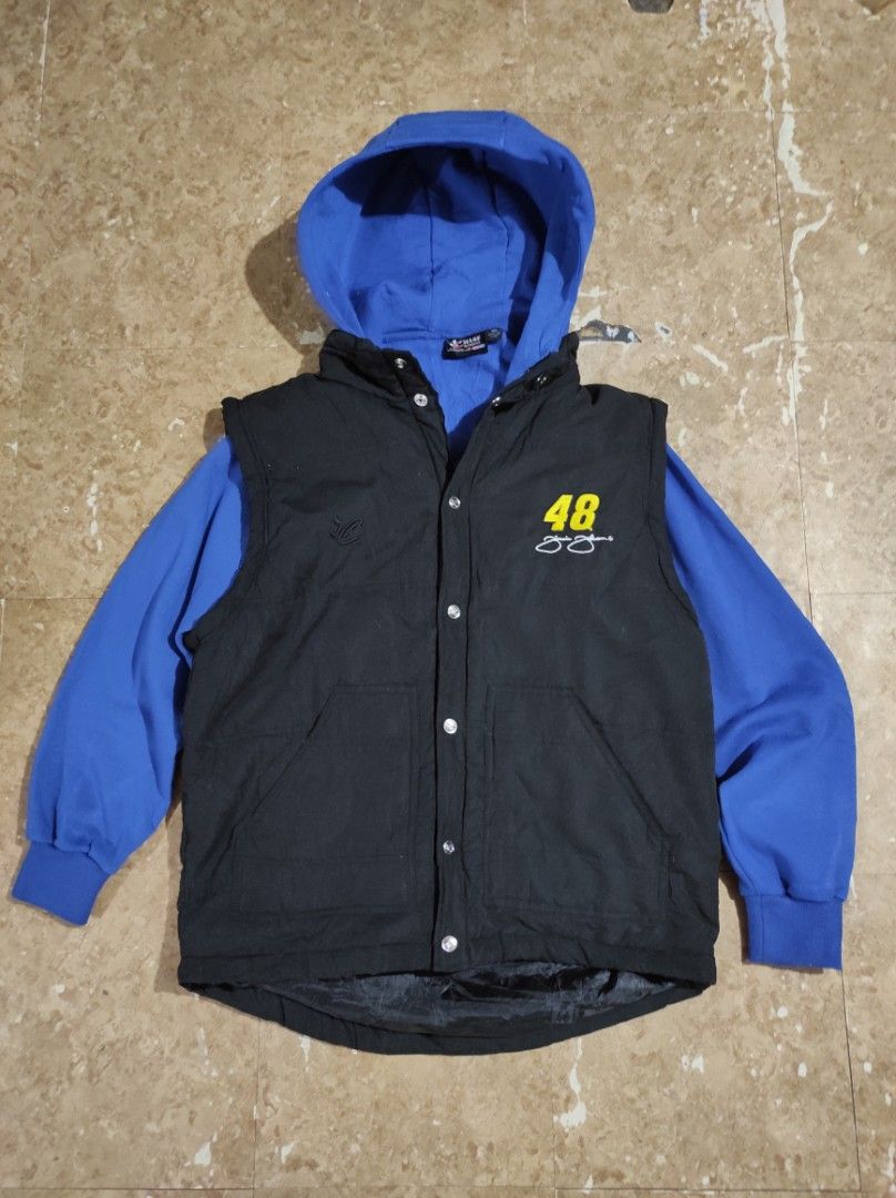 NASCAR Chase Authentics Jacket (Category: Coats, Jackets and Outerwear) located in Las Pinas. Submitted by jeusmanlangit (Listing ID 1412799479, Image 1). Description: Chase Authentics NASCAR jacket - Black vest with blue sleeves and hood - Embroidered "48" on front - Button-up front - Hooded NO ISSUE 800 PESOS LANG DM 📩.