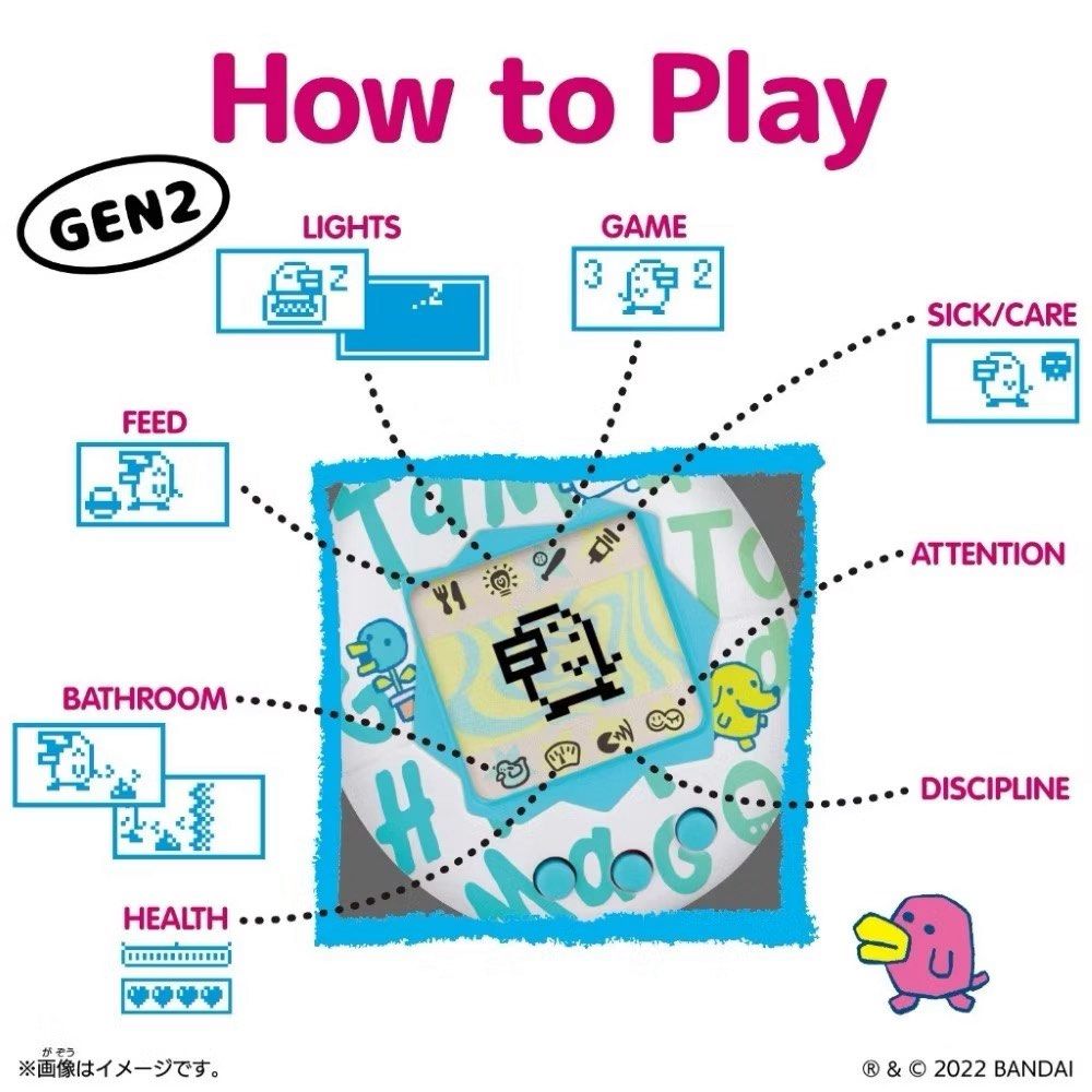 Original Bandai Tamagotchi - Electronic Handheld Virtual Pet Game, Digital Pet for Kids (Category: Interactive Toys) located in Singapore. Submitted by theguynextdoor__ (Listing ID 1412772172, Image 3). Description: - Original Bandai Tamagotchi - Gen 2 - Electronic handheld virtual pet game - Brand new in box - Suitable for kids aged 8+ - Features classic Tamagotchi gameplay: feed, care for, and play with your pet - Great for collectors and nosta