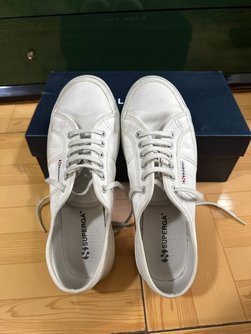 ORIGINAL Superga Leather White Sneakers (Size 10) (Category: Casual Shoes) located in Quezon City. Submitted by mcm_clothing (Listing ID 1412735893, Image 2). Description: -100% original -9/10 condition -leather upper -gum sole -size 10 US -got it for 3.5k -pm for more details .