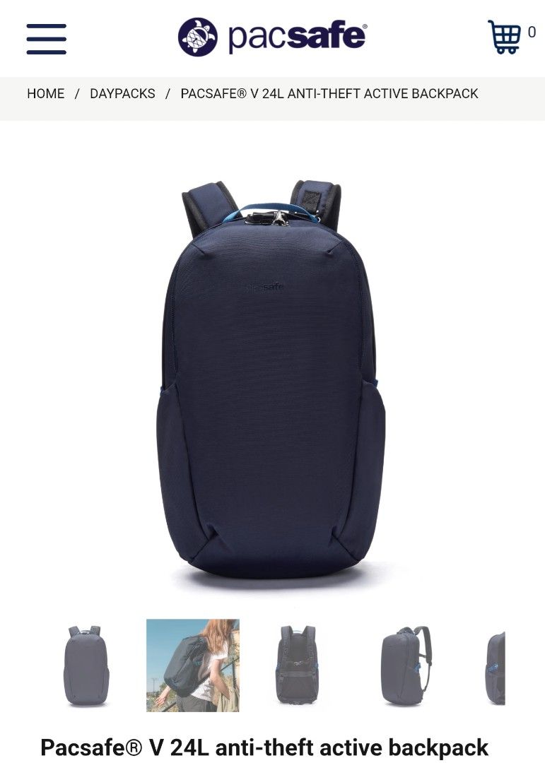 Pacsafe V 24L Active Anti-theft Backpack (Category: Backpacks) located in Quezon City. Submitted by charlieviii (Listing ID 1412727965, Image 1). Description: This spacious and sleek anti-theft backpack combines security and functionality. It features two roomy lockable compartments that can accommodate your travel essentials, along with a dedicated laptop sleeve designed to fit a 13-inch MacBook. For added comfort during your travels, the backpa