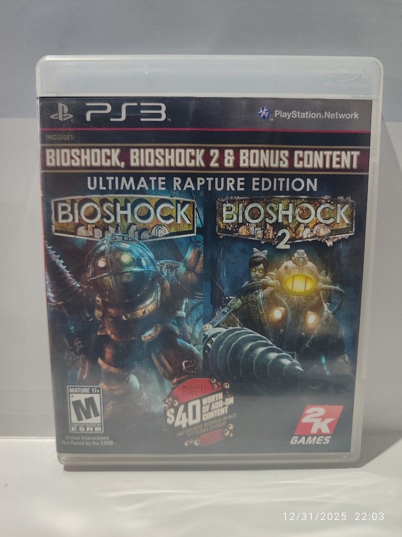PS3 - Bioshock Ultimate Rapture Edition (PRE-OWNED) "R1" (Category: PlayStation) located in Mendez-Nunez. Submitted by sf2_gameshop (Listing ID 1412833266, Image 1). Description: PLEASE READ CONDITION: Pre-owned item, but in good condition INCLUSION: Bioshock game 1 & 2 with DLCs are all in one disc. Tested working. It comes with a booklet and insert. GENRE: First-person shooter MODE: Single-player VOICE: English REGION: 1 - US IN-GAME Text: Engl