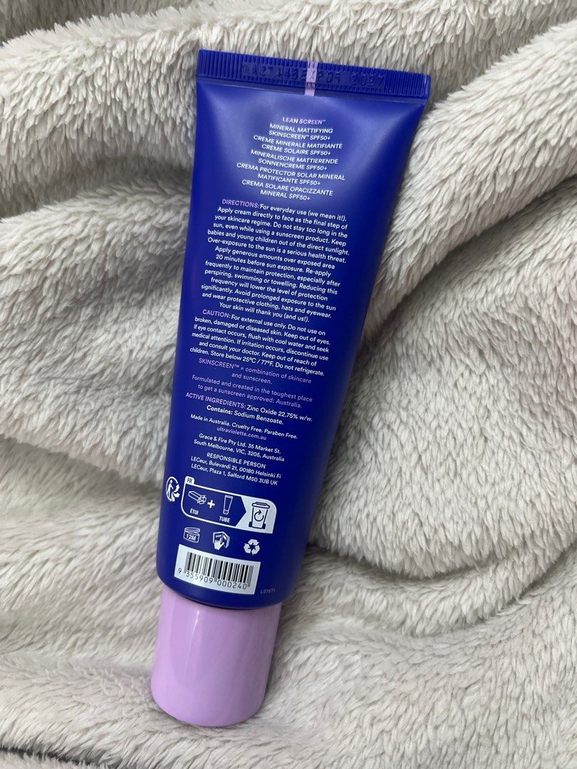 Ultra Violette Lean Screen SPF 50+ Sunscreen (Category: Face Care) located in Taguig. Submitted by lastpricealready (Listing ID 1412840725, Image 2). Description: - Ultra Violette Lean Screen SPF 50+ sunscreen - Mineral, mattifying formula - SPF 50+ for very high protection - Broad-spectrum (UVB & UVA) - Fragrance-free - 75ml (2.53 fl oz) tube Exp May 2027.