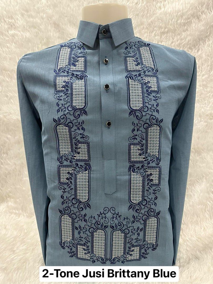2-Tone Jusi Barong Tagalog Embroidered (Category: Formal Shirts) located in Pandi. Submitted by yetiiii (Listing ID 1407867471, Image 3). Description: - 2-Tone Jusi Barong Tagalog - Colors: Navy Blue, Moss Green, Brittany Blue, Beige - Intricate embroidery - Ideal for formal events and special occasions - Comfortable fit - Available in multiple sizes.