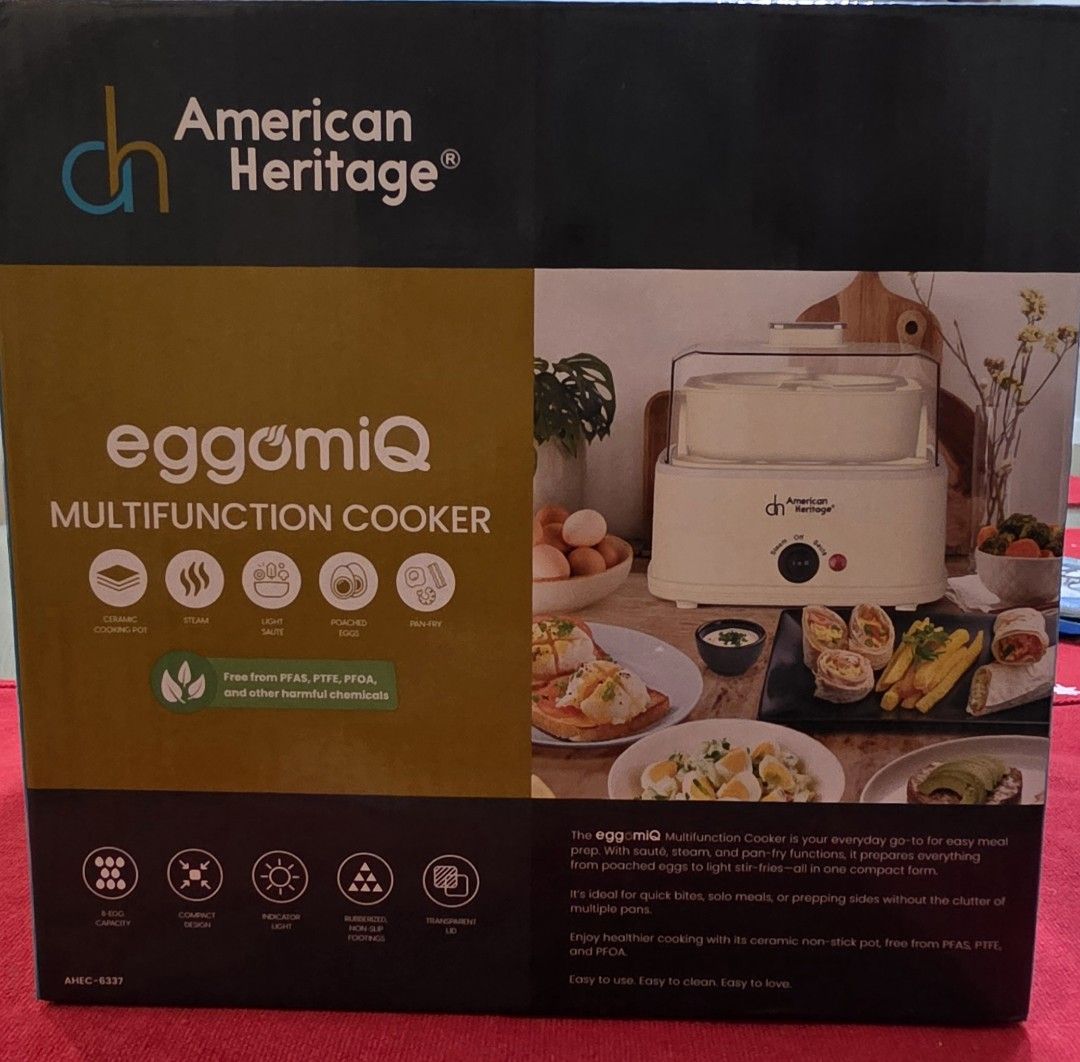 American Heritage EggomiQ Multifunction Cooker (Category: Cookers) located in Caloocan City. Submitted by seokjinie27 (Listing ID 1407764767, Image 2). Description: COLOR: CREAM brand new 📍NORTH CALOOCAN Prep food without the clutter of multiple pans. Box size approx 7.5 x 7.5 in. very handy. * Ceramic Non-stick Inner Pot- Free from PFAS, PTFR, PFOA, and other harmful chemicals * Steam: steam egg, egg bites, poached egg, veggies * Saute: light s