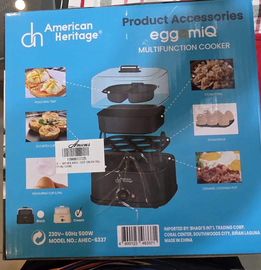 American Heritage EggomiQ Multifunction Cooker (Category: Cookers) located in Caloocan City. Submitted by seokjinie27 (Listing ID 1407764767, Image 3). Description: COLOR: CREAM brand new 📍NORTH CALOOCAN Prep food without the clutter of multiple pans. Box size approx 7.5 x 7.5 in. very handy. * Ceramic Non-stick Inner Pot- Free from PFAS, PTFR, PFOA, and other harmful chemicals * Steam: steam egg, egg bites, poached egg, veggies * Saute: light s