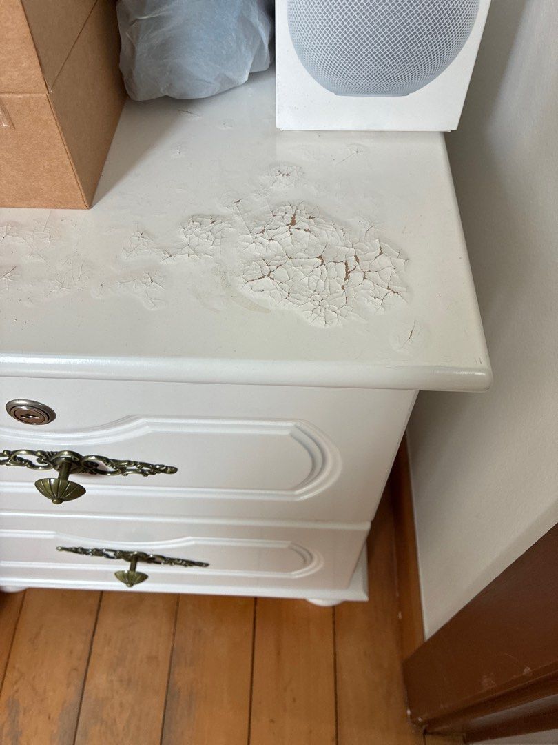 bedside table (Category: Shelves, Cabinets & Racks) located in Singapore. Submitted by philg01 (Listing ID 1405356836, Image 3). Description: - W*L*H: 45cm * 40cm * 50cm - surface shows significant wear. can dismantle and put in a car.