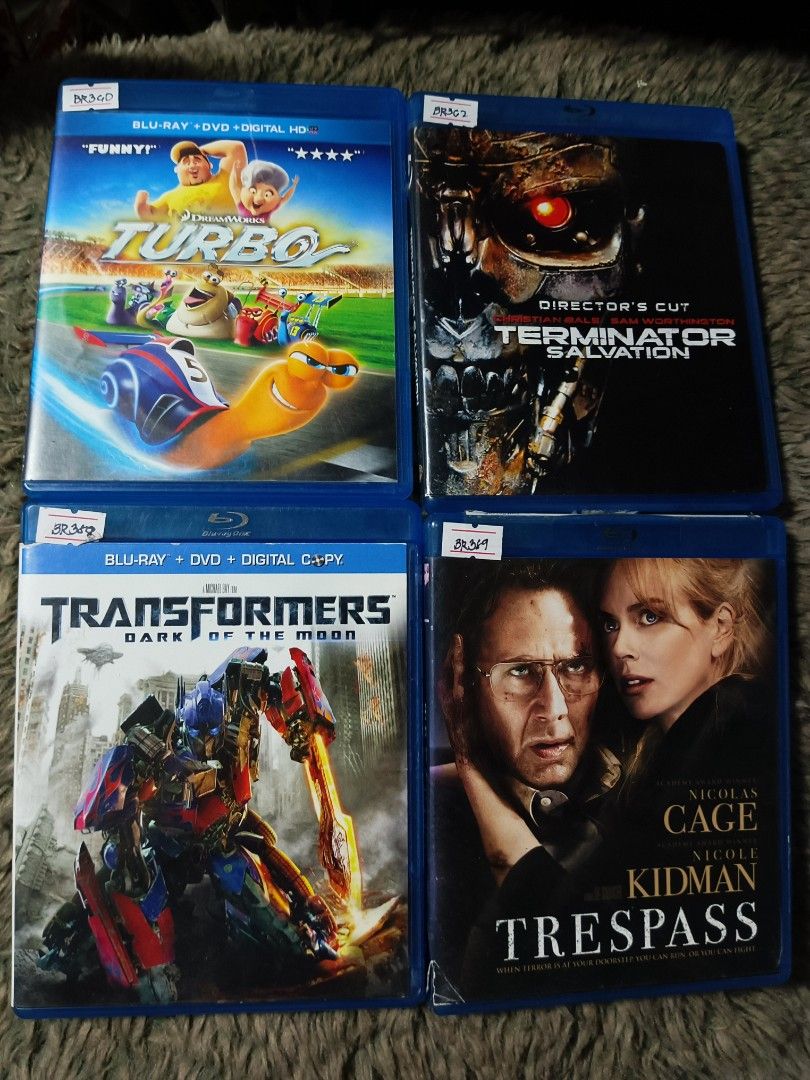Blu-ray Movie : Turbo, Terminator, Transformers, Trespass (Category: CDs & DVDs) located in Manila. Submitted by sabrinacalin (Listing ID 1407856613, Image 1). Description: - 4 Blu-ray movies included: Turbo, Terminator Salvation (Director's Cut), Transformers: Dark of the Moon, and Trespass - All movies come with original cases and discs. - Some movies include digital copies. - Perfect for your movie collection or movie nights! 380 each From USA