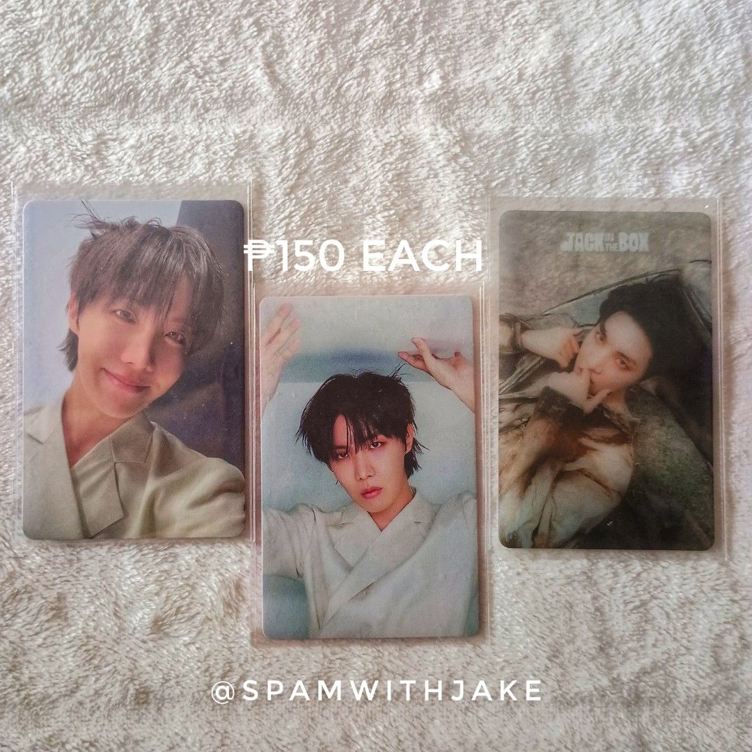 BTS J-Hope Jack in the Box Photocards & POB (Category: K-Wave Merchandise) located in Baguio. Submitted by spamwithjake (Listing ID 1407810871, Image 1). Description: J-HOPE Jack in the Box Photocards & POB — ₱180 each, ₱150 each if take all — onhand, 10/10 condition — read before transacting spamwithjake.carrd.co.