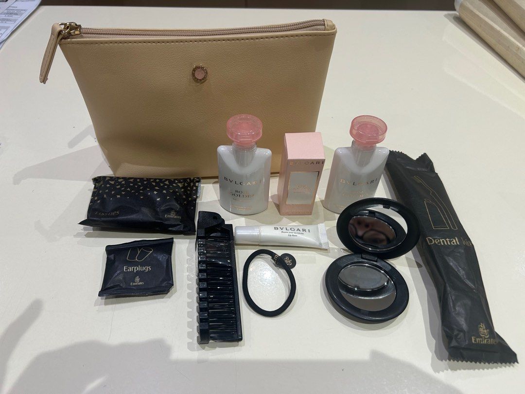 Bvlgari Business Class Pouch by Emirates (Category: Face Care) located in Manila. Submitted by chiccorner (Listing ID 1407759325, Image 1). Description: Includes Pouch Bvlgari Face emulsion Bvlgari Eau de toillete 5ml BvlgariMoisturizing body milk Bvlgari Lip Balm Ear plug Brush Mirror Toothbrush and toothpaste Ponytail.