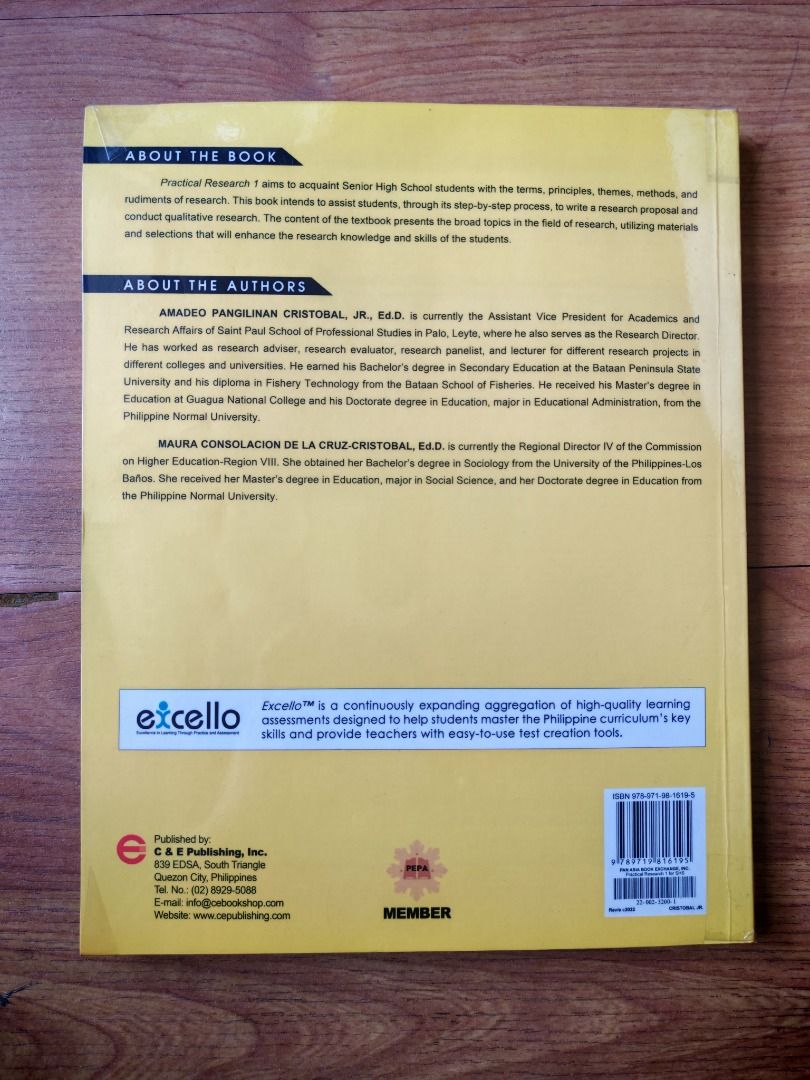 [C&E] Practical Research 1 for Senior High School (Revised Edition) (Category: Textbooks) located in Quezon City. Submitted by cereus (Listing ID 1407917080, Image 2). Description: [BUY 1 AND GET ANOTHER ACADEMIC BOOK FOR 200 PESOS] Author: Amadeo P. Cristobal Jr., Maura Dela Cruz-Cristobal Publisher: C & E Publishing, Inc. Edition: Revised Edition Copyright: 2022 Original Price: PHP 495.