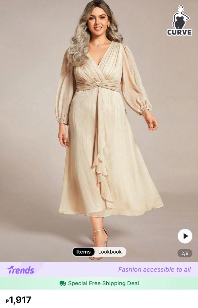 Chiffon Beige Evening gown (Category: Evening dresses & gowns) located in Quezon City. Submitted by mslen08 (Listing ID 1407898600, Image 2). Description: Selling my previously brought Shein dress. Unused still with packaging and tag. RFS: closet space.