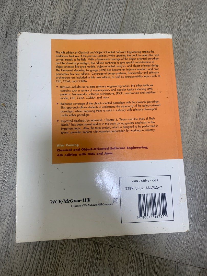 Classical and Object-Oriented Software Engineering Textbook (Category: Textbooks) located in Singapore. Submitted by keenshark-3d2a (Listing ID 1407892170, Image 2). Description: - Software Engineering textbook - 4th edition - Author: Stephen R. Schach - Includes UML and C++ - Published by McGraw-Hill.