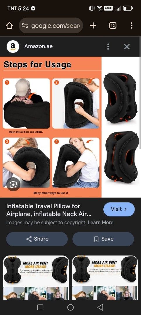 Inflatable Travel Pillow (Category: Travel Essentials & Accessories) located in Manila. Submitted by cybondelga33898 (Listing ID 1407874562, Image 3). Description: - Inflatable travel pillow for ultimate comfort. - Unique design with a face hole for head and neck support. - Made of soft, black material. - Portable and easy to inflate and deflate. - Ideal for airplanes and all types of travel..