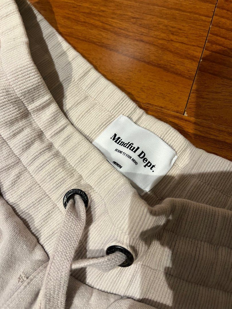 Mindful Dept Sweatpants (Category: Joggers) located in Paranaque City. Submitted by fonzgup (Listing ID 1407817193, Image 2). Description: - Mindful Dept sweatpants - Color: Light beige/cream - Drawstring waist - Side pockets - Straight leg - Raw hem - Brand logo on left leg Dimensions L 41.5 W 28-34.
