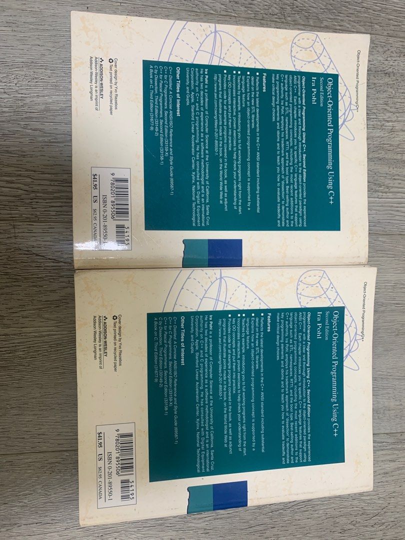 Object-Oriented Programming Using C++ (2nd Edition) (Category: Storybooks) located in Singapore. Submitted by keenshark-3d2a (Listing ID 1407892611, Image 2). Description: Selling two copies of Ira Pohl's Object-Oriented Programming Using C++ (Second Edition). Perfect for students or anyone looking to learn C++. -Original price was $41.95USD or approximately $54 SGD.