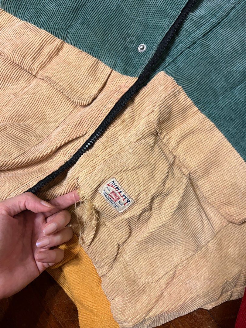 patchwork corduroy jacket (Category: Coats, Jackets and Outerwear) located in Singapore. Submitted by shellyshiz (Listing ID 1407871063, Image 3). Description: oversized corduroy patchwork primary color jacket. cute and puffy fit. has a vintage look. has some wear and tear.